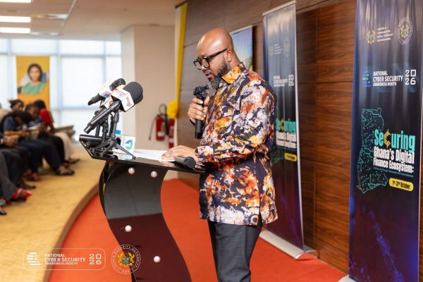 Divine Selase Agbeti, Director General, Cyber Security Authority addresses the audience present at the media launch of the Cyber Security Awareness Month (NCSAM) 2026