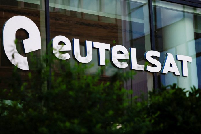FILE PHOTO: The logo of the European satellite operator Eutelsat is pictured at the company's headquarters in Issy-les-Moulineaux
