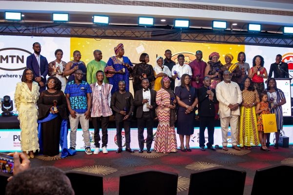 Award winners pose with organizers, partners, and sponsors, including MTN Ghana, following the SME Ghana Awards (SMEGA) 2025 ceremony.